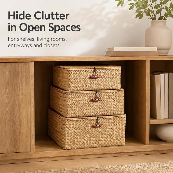 Square Handwoven Seagrass Wicker Storage Baskets with Lids, Set of 3 | Attached lids and internal iron frames help each basket hold its shape; compatible with IKEA KALLAX cube shelving. - Image 2