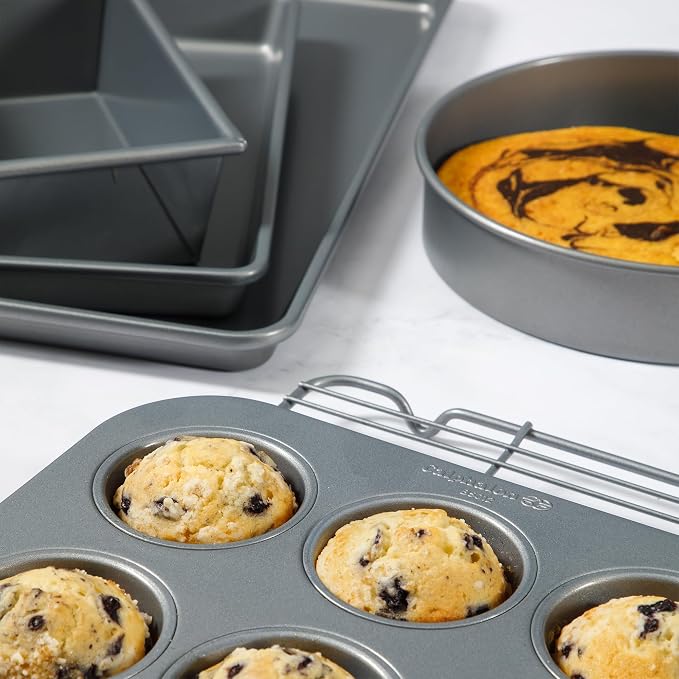 Calphalon Titan 10-Piece Nonstick Bakeware Set, Baking Sheet Set, Steel Core PFA-Free Nonstick Coating, Oven Safe, Includes Sheet Pans, Muffin Pan, Round Cake Pans, Loaf Pan and Cooling Rack - Silver - Image 8