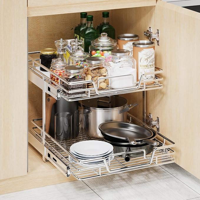 2-Tier Kitchen Cabinet Pull Out Shelf and Drawer Organizer Slide Out Pantry Storaqe Basket in Multiple Sizes (18" W x 21" D) - Image 5