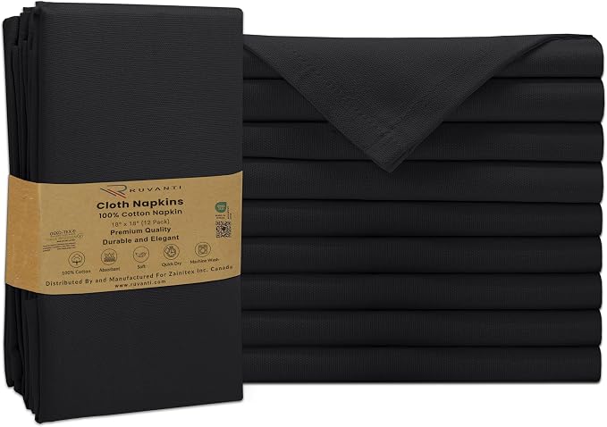 Ruvanti Cloth Napkins Set of 12, 100% Cotton High GSM 18x18 Inches Soft, Washable, Highly Durable & Absorbent, Perfect for Parties, Christmas, Thanksgiving Dinners – Black Beauty by Ruvanti