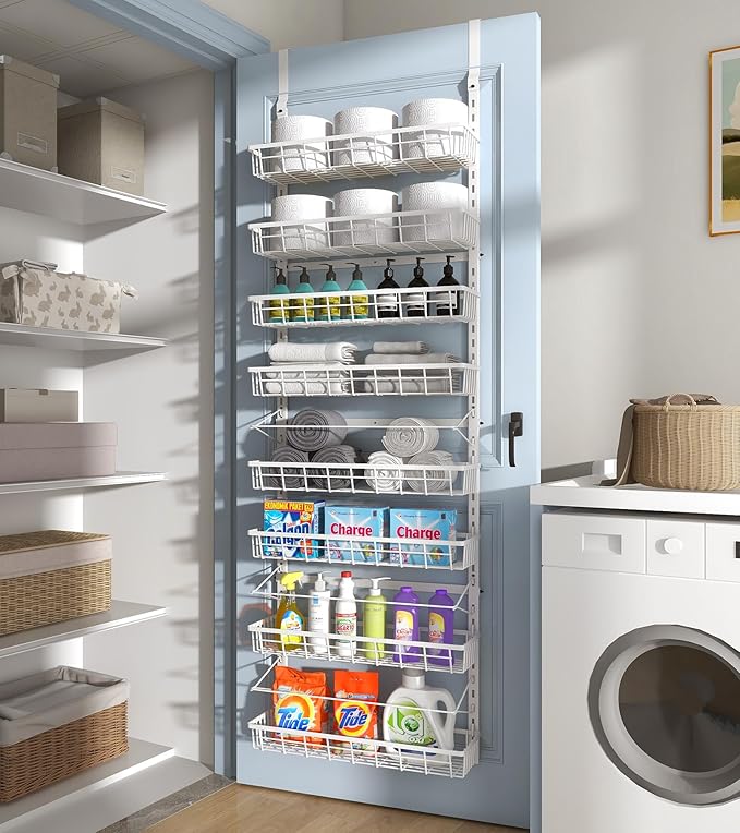Mefirt Over The Door Pantry Organizer, Wall Mount Spice Rack 8-Tier White | Pantry Hanging Storage and Organization, Adjustable Baskets Heavy-Duty Metal for Home & Kitchen, Back of Door Seasoning Rack - Image 4