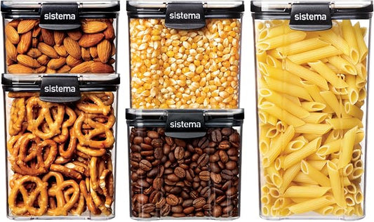 Sistema Tritan Ultra Airtight Pantry & Kitchen Storage Containers, 5-Pack, Clear Stackable Square Food Storage, BPA-Free, Dishwasher & Freezer-Safe (Microwave-Safe Without Lid) by Sistema