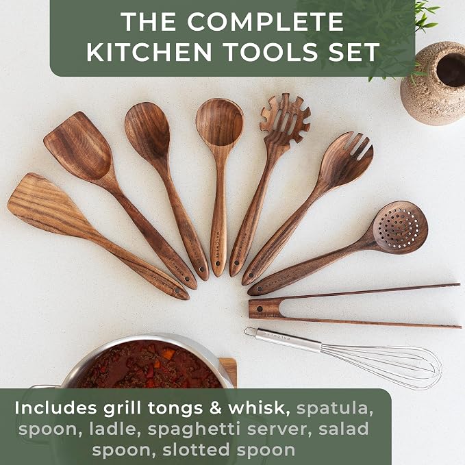 WALDWERK Wooden Spoons for Cooking – 9-Piece Kitchen Utensils Set with Spatula, Tongs, Whisk, Wooden Spoons & Pasta Server – Wooden Utensil Set – Utensil Sets - Cooking Utensils - Non Toxic - Image 3