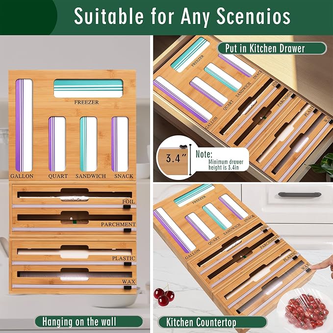 9 In 1 Storage Bag Organizer And Plastic Wrap Dispenser With Cutter, Bamboo Foil and Plastic Wrap Organizer - Image 5