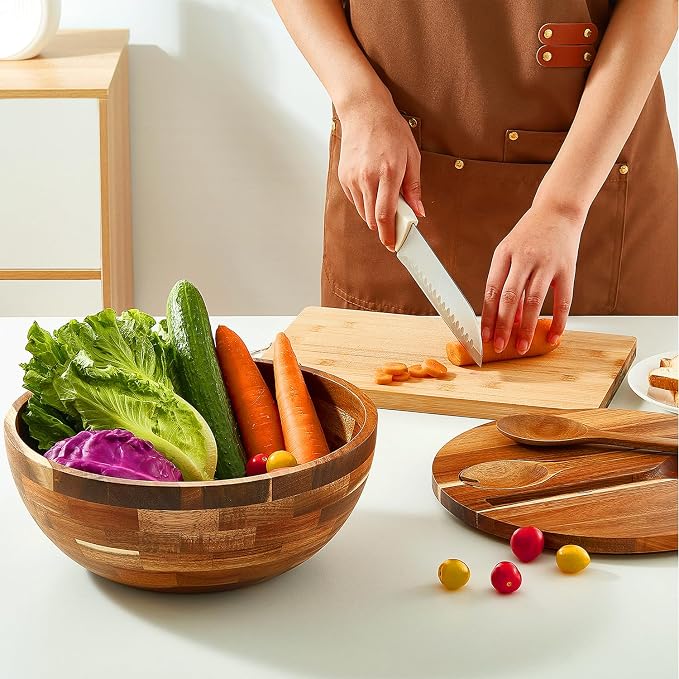 JOYMAY Salad Bowls Wood Salad Bowl Set with Lid 11.8 Inch Large Wooden Bowls Set Acacia Wood Serving-Bowl with Serving Utensils Bowl for Kitchen, Dining, Party - Image 5