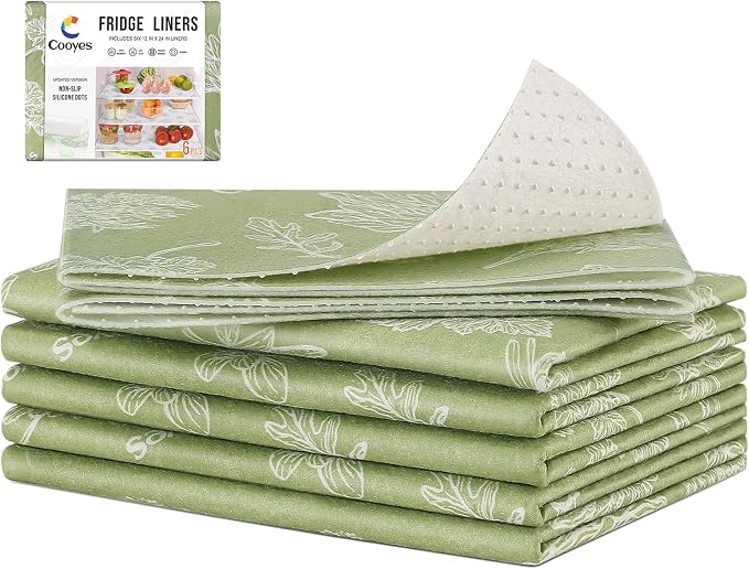 Cooyes Shelf Liner for Refrigerator & Drawer, Non-Adhesive Cabinets Liner for Kitchen Cupboard & Fridge, Breathable Cloth Material, Vegetable-Patterned, 6 Pack 12“ × 24”, Sage Green by Cooyes
