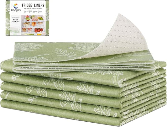 Cooyes Shelf Liner for Refrigerator & Drawer, Non-Adhesive Cabinets Liner for Kitchen Cupboard & Fridge, Breathable Cloth Material, Vegetable-Patterned, 6 Pack 12“ × 24”, Sage Green by Cooyes