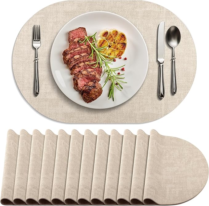 Placemats Set of 12 Washable, Heat Resistant Table Placemats Wipeable Faux Leather Oval Place Mats Non Slip, Waterproof Oval Table Mats for Indoor Outdoor, Beige by Delicateandelegantplacemats