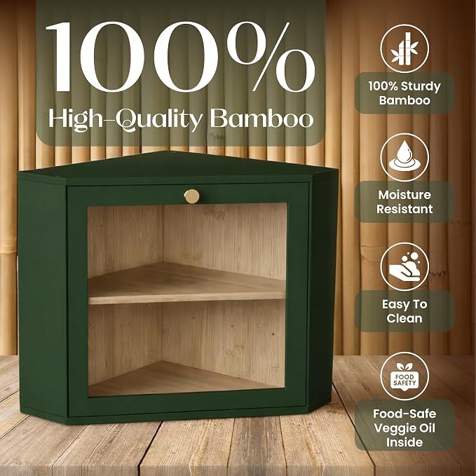 2 Tier Corner Bread Box for Kitchen Countertop, Green | Space-saving, food-safe bamboo corner countertop cabinet featuring a modern brass knob & controlled airflow. - Image 5
