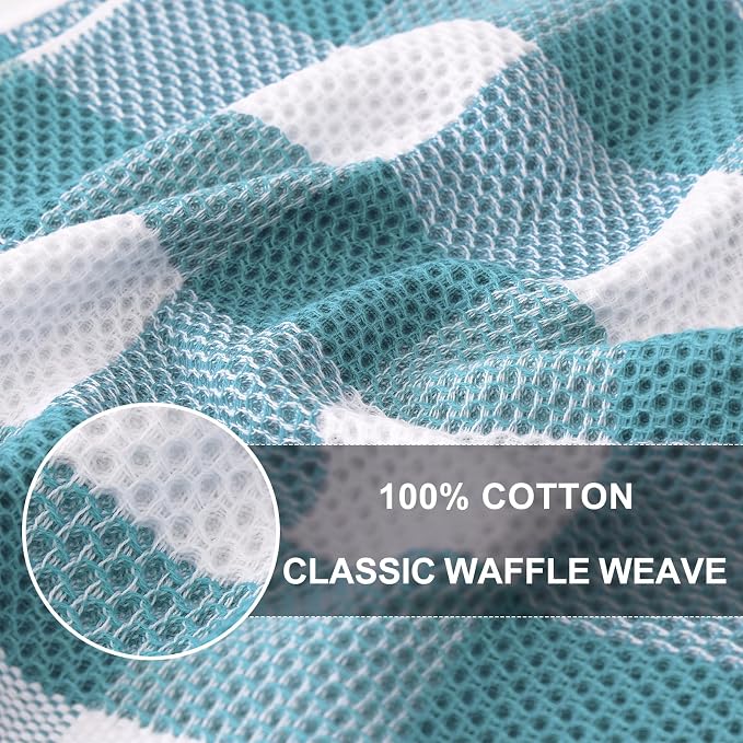 Homaxy Kitchen Towels and Dishcloths Set, Set of 12, White & Lake Blue | Bulk Cotton Waffle Weave Check Plaid Kitchen Towels, Super Soft and Absorbent Dish Cloths, 12 x 12 and 13 x 28 Inches - Image 2