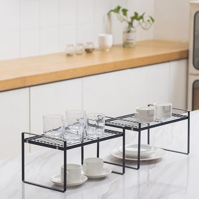 Shantton Cabinet Shelf Organizer, Pantry Shelf Rack, Black 13x8.3x7.3 | 2-Pack Stackable Metal Riser Holds 40LBS with Non-Slip Feet for Kitchen Pantry Bathroom Countertop Freezer Cupboard - Image 2