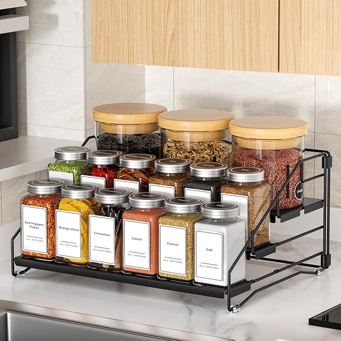 BOIVSHI 4 Tier Spice Rack for Cabinet, Spice Rack Organizer, Depth Adjustable Spice Holder for Countertop, Cupboard, Pantry, Seasoning Shelf, Metal, Black (1 Pack) - Image 6
