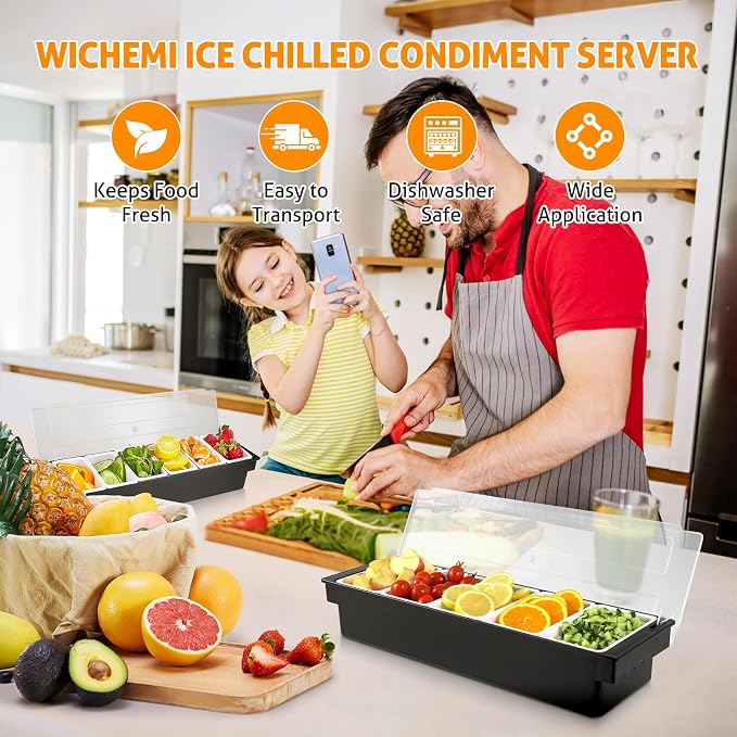 WICHEMI Ice Chilled Condiment Caddy with 5 Removable Trays and Lids | Condiment Container, Taco Bar Serving Tray, Fruit & Garnish Trays Serving Platter for Salad, Party Supplies & Bar Accessories - Image 5