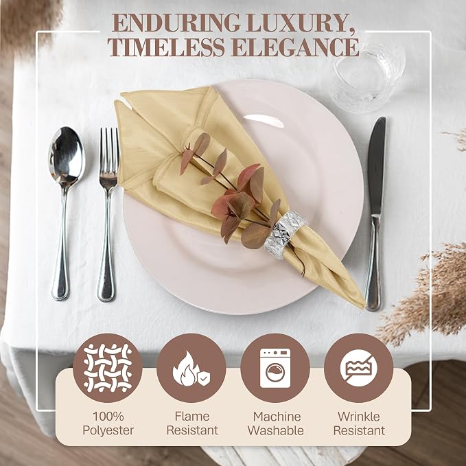 17 x 17-Inch Shantung Satin Cloth Napkins, Tan, Set of 12 | Bulk Case of 1 Dozen, Square, 100% Polyester Fabric, Reversible, Faux Dupioni Silk Reverse Side, Machine Washable, Beige - Image 2