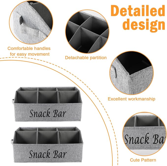 2 Pack Countertop Snack Organizer, Fabric Snack Box Basket with Handles, 6 Compartment Kitchen Cabinet Pantry Organizer and Storage - Grey - Image 2