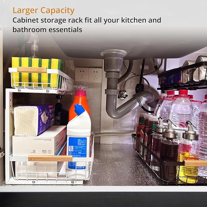 Under Sink Organizer, 2 Tier Pull Out Cabinet Organizers and Storage for Kitchen Bathroom Pantry Laundry, Adjustable Height, Slide Out Thickened Metal Storage Shelf (Black, 1 Pack) - Image 3