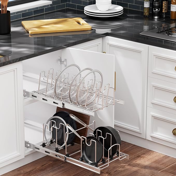 Slide Out Pot Lid Organizer Under Cabinet, Wire Dividers Kitchen Pull Out Pot Lid Storage Rack Holder, Full-Extension Rail 15" W*22" D - Image 6