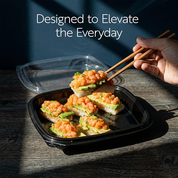 Restaurantware Plastic Sushi Trays 50 Pack of 10.6 x 10.6 x 1.77 Inch With Clear Lids Leak-Resistant Sushi Take Out Boxes Stackable Containers For Grab-And-Go - Image 7