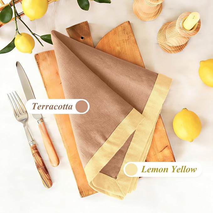 Linen World 100% French Linen Napkins Set of 4,20 x 20 Inch Double Layer Cloth Napkins,Washable Heavyweight for Holiday Dining Kitchen Decor,Lemon Yellow with Terracotta Contrast Border - Image 2