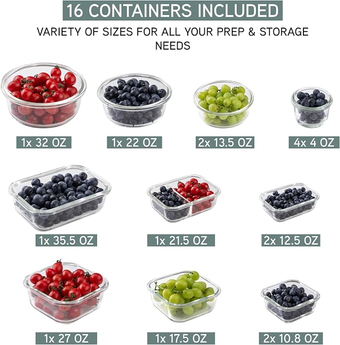COOK WITH COLOR Premium 32-Pc. Borosilicate Glass Food Container Set with Dividers - 4 Rectangles, 8 Rounds, 4 Squares - Leakproof Lids - Meal Prep, Storage, Ombre Green - Image 3