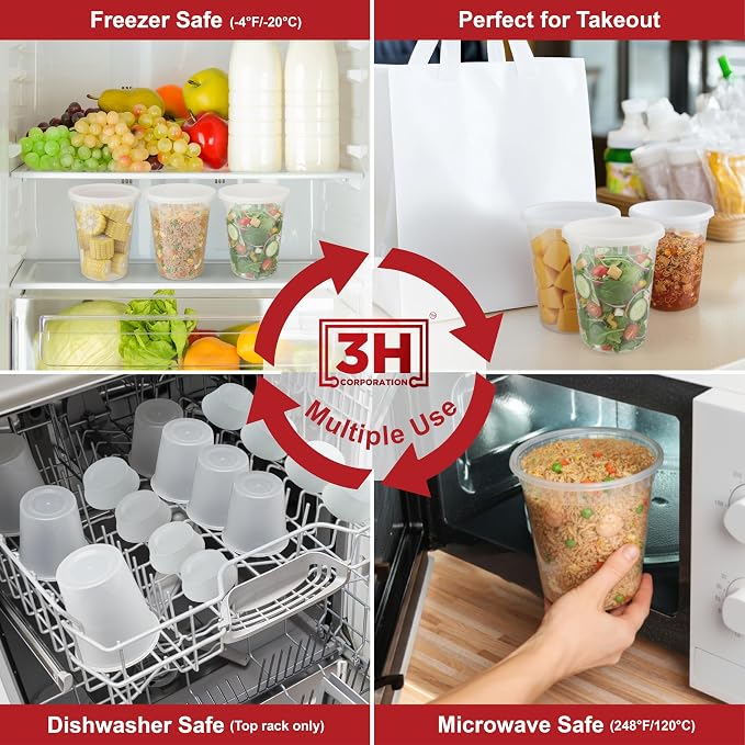 32 oz Food Storage Containers with Lids (240 Set/480 Piece) Deli Soup Containers, Freezer Microwave Safe, BPA-Free Plastic, Stackable Snack Leakproof Leftover Organizers & To-Go - Image 4