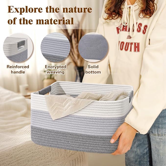 2 Pack Large Storage Basket for Organizing, 17.5"x13"x7" Woven Basket for Shelves, Closet Cube Storage Bins with Wrapped Handle, Cotton Rope Baskets for Kitchen, Clothes, Toys(Gradient Grey) - Image 3