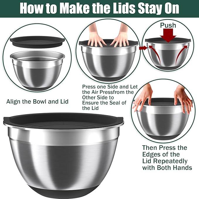 Mixing Bowls with Airtight Lids Set, 4 Stainless Steel Bowls Nesting Bowls & Colander, Kitchen Organizers and Storage Non-Slip Bottom, Size 1.5/2.0/2.5/4.5QT, Great for Mixing & Serving, Black - Image 6