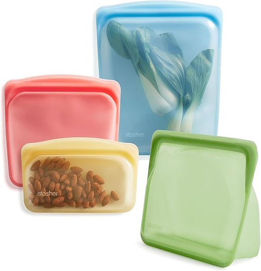 Stasher Premium Reusable Silicone Food Storage Bags, 4-Pack, Multicolor | Food-Safe Silicone, Eco-Friendly, Reusable Freezer Bags, Microwave, Dishwasher, Oven, Snack Bags, Lunch Containers, Meal Prep by Stasher