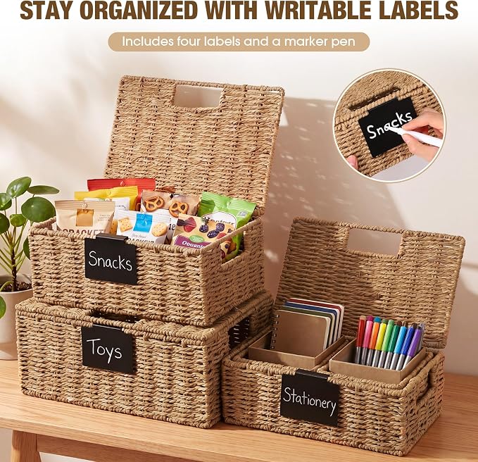 Yookeer 5 Pcs Woven Paper Rope Storage Baskets with Lid and Handles, Natural Color Large Storage Organizer with Labels, Stackable Rectangular Boho Decorative Baskets for Toys Shelves Bedroom - Image 3