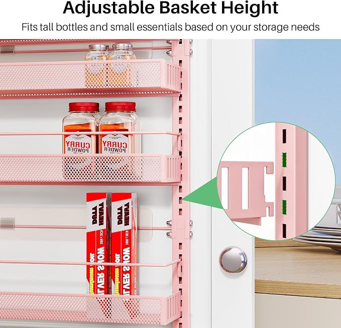SNTD 8 Tiers Over the Door Organizer, 17" W x 6" D x 69" H, Pink | Pantry Door Organizers and Storage, Height Adjustable Spice Rack, Dense Mesh Baskets, Anti-Swing, Adjustable Door Fastener - Image 4
