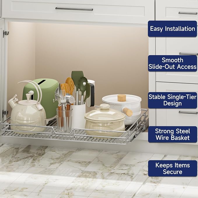 Pull Out Cabinet Organizer, 27" W x 21.5" D, Heavy Duty Chrome Slide Out Shelf for Wide Base Cabinets, Sliding Wire Basket Drawer for Pots, Pans, Appliances & Pantry Storage - Image 4