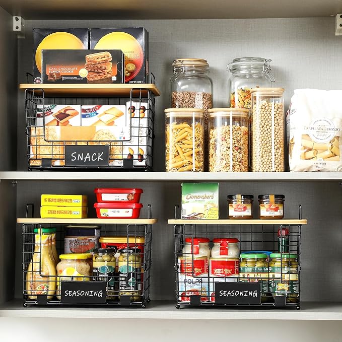 2 Set XL Stackable Wire Basket with Bamboo Tops & Tags- Pantry Organizer and Storage Bins, Kitchen Counter Cabinet Shelf Countertop Under Sink Organizing, Food Snack Produce Onion Potato Bread Storage - Image 2