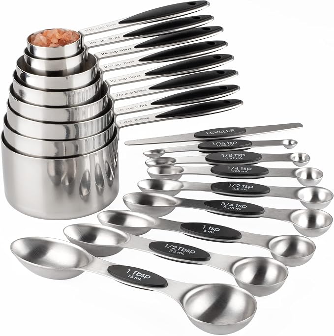 Measuring Cups and Spoons Set of 17 Double Sided Magnetic Measuring Spoons | Stainless Steel Measuring Cups Nesting Magnetic Measuring Spoons Set with 1 Leveler for Dry and Liquid Ingredients by Turewin