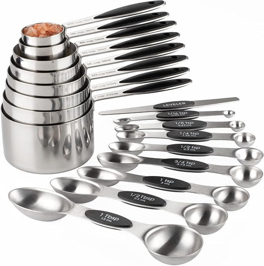 Measuring Cups and Spoons Set of 17 Double Sided Magnetic Measuring Spoons | Stainless Steel Measuring Cups Nesting Magnetic Measuring Spoons Set with 1 Leveler for Dry and Liquid Ingredients by Turewin