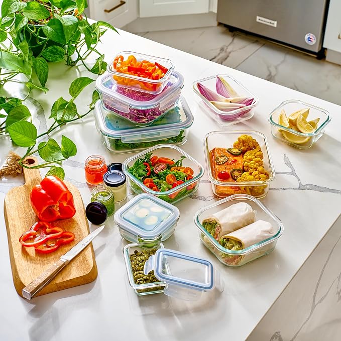 40pc Set Glass Food Storage Containers & Bowls with Airtight Lids - Leakproof BPA-Free Meal Prep Airtight Stackable Lunch Boxes, Kitchen Pantry & Storage Organizers - Microwave Freezer Dishwasher Safe - Image 2