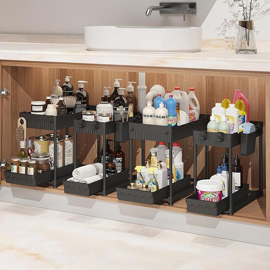 4-Pack 2-Tier Under Sink Organizer with Pull Out Drawers | Multi-use kitchen & bathroom storage. Includes hanging hooks and cups. Black, space-saving cabinet design. 14.8 Inch by Sevenblue