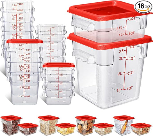 Yungyan 16 Pcs Restaurant Food Storage Containers with Lids Set 2Qt and 4Qt Commercial Restaurant Square Storage Containers Clear Food Cereal Container for Kitchen Freezer (Red Lids) by Yungyan