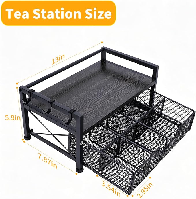 Tea Bag Organizer,Coffee Bar Organizer,Teabag Holder & Coffee Station with Storage Drawer,Wood Tea Station Chest Display Container Box for Countertop Kitchen (Grey) - Image 4