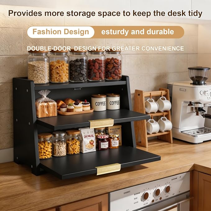 Large Bread Box for Kitchen Counter, Double Layer Wooden Bread Storage Container with Top Shelf, Countertop Organizer Cabinet for Bread, Bagels, Pastries, Coffee Station and Kitchen Essentials (Black) - Image 4