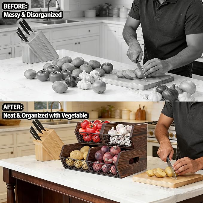 Wood Potato and Onion Storage Bins, Stackable Pantry Organizer, Rustic Produce Storage Baskets for Vegetable, Fruit and Snack - Image 3