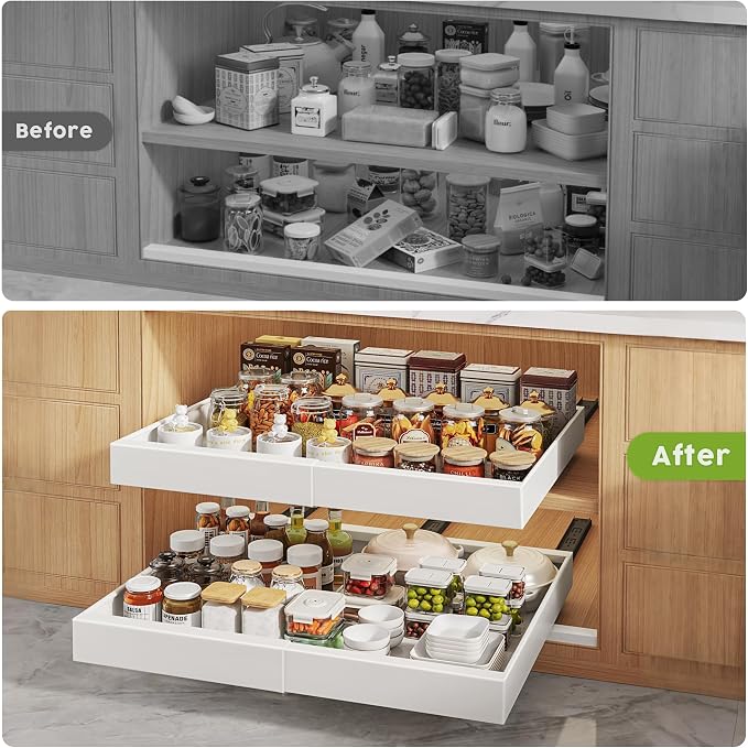 Seinloes 2 Pack Pull Out Cabinet Organizers 21"Deep with Raising Pad for Framed Cabinets,Expandable Slide Out Drawers Upgrade 3 Slide Rails,Roll Out Shelves Adhesive,Adjustable Width 12"-20.45" White - Image 6