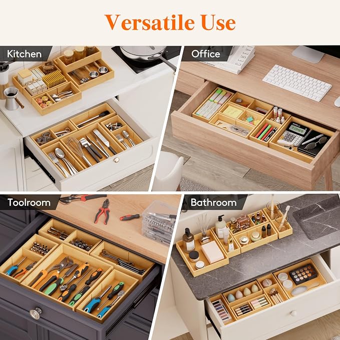 Lifewit Drawer Organizers 10 Pack(22 Grid) with 12 Inserts | Adjustable Bamboo Wooden Trays for Utensils, Silverware, Makeup, Kitchen, Bathroom, Office, Vanity Storage - Image 6