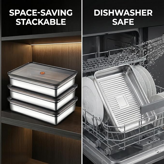 Stainless Steel Food Storage Containers, Silver, 3-Piece Set | Airtight with Vacuum Seal, Stackable Rectangular, BPA-Free Lids, For Meal Prep and Leftovers Storage, Shallow- 1.9'' Height - Image 4