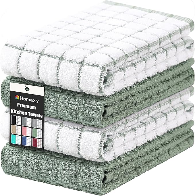 Homaxy Large Premium Cotton Kitchen Towels 16"x 28", 4 Pack, Sage Green | Natural Ring Spun 390 GSM Dish Towels, Super Absorbent Terry Kitchen Hand Towels, Soft Tea Towels with Hanging Loop by Homaxy