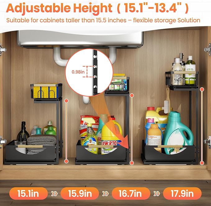 Under Sink Organizer and Storage 2 Tier Cabinet Pull Out Shelf Organizers | 2 Pack 2 Tier under sink storage for Bathroom and Kitchen Slide Out Drawer Organization for Home Cabinets Shelves and Drawers - Image 5