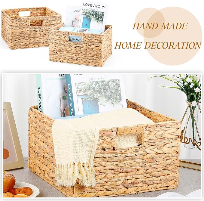 Jinei 12 Pcs Water Hyacinth Storage Baskets 13"x13"x8" Wood Color | Handwoven Wicker Bins with Handles, Wicker Baskets Bulk for Shelves Organizer Laundry, Closet Bedroom - Image 5