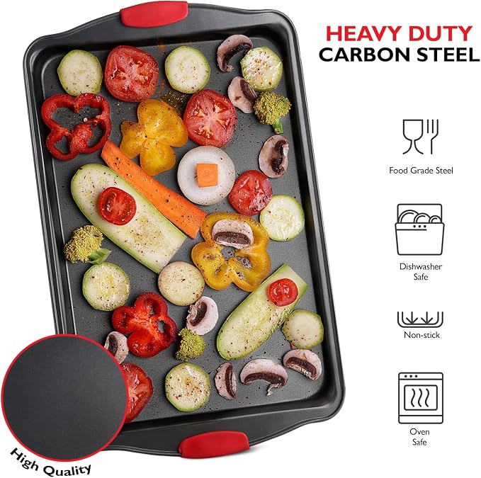 Eatex Nonstick Baking Sheet Set, 3-Piece Baking Pans Set with Silicone Handles, Carbon Steel Cookie Sheets for Baking, Commercial Grade Quality Oven Tray, Quarter/Jelly Roll/Half Sheet Pans for Baking - Image 6