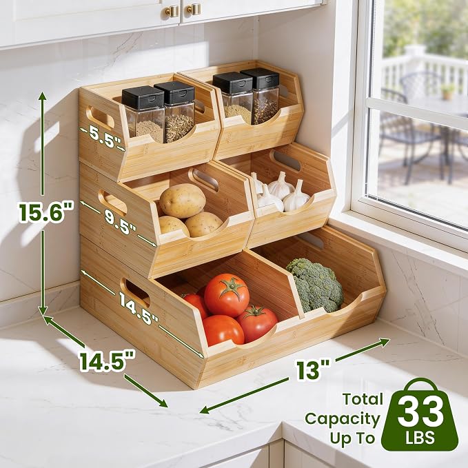 HOMESTEAD 3-Tier Bamboo Pantry Storage Bins – Stackable Potato & Onion Storage Bin with Handles, Fruit Basket & Produce Organizer for Kitchen Countertop, Pantry Organization, Set of 5 - Image 2