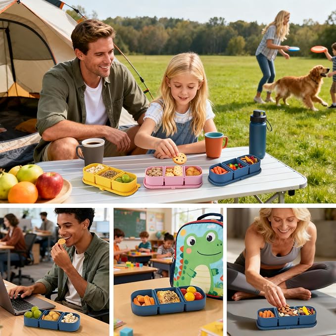 3 Pack Silicone Reusable Snack Containers with Lids - 3 Compartment Snackle Box for Kids & Adults, BPA-Free & Leakproof, Small for Dressing, Sauces, School, Office, Picnic（Blue, yellow, pink） - Image 5
