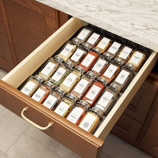 SpaceAid Spice Drawer Organizer with 24 Spice Jars, 378 White Minimalist Spice Labels, 4 Tier Seasoning Rack Tray Insert for Kitchen Drawers, 11.25" Wide x 17.5" Deep by SpaceAid